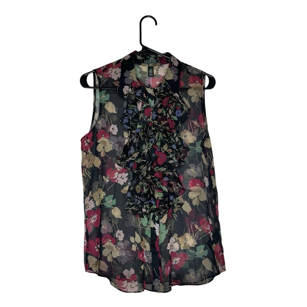 Lauren Ralph Lauren Women’s Size 10‎ Black Floral Ruffle Blouse Cocktail Party